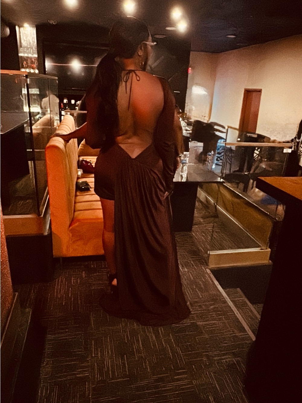 Backless Brown Evening Maxi Dress with Tie Detail